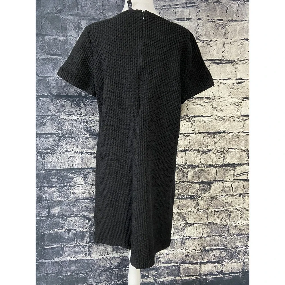 Eileen Fisher Dress Womens L Black Textured Knit Shift Zip Back Short Sleeve